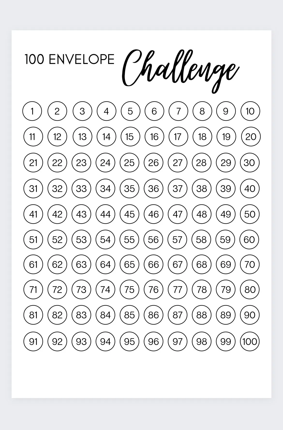 100 Envelope Challenge Chart Printable