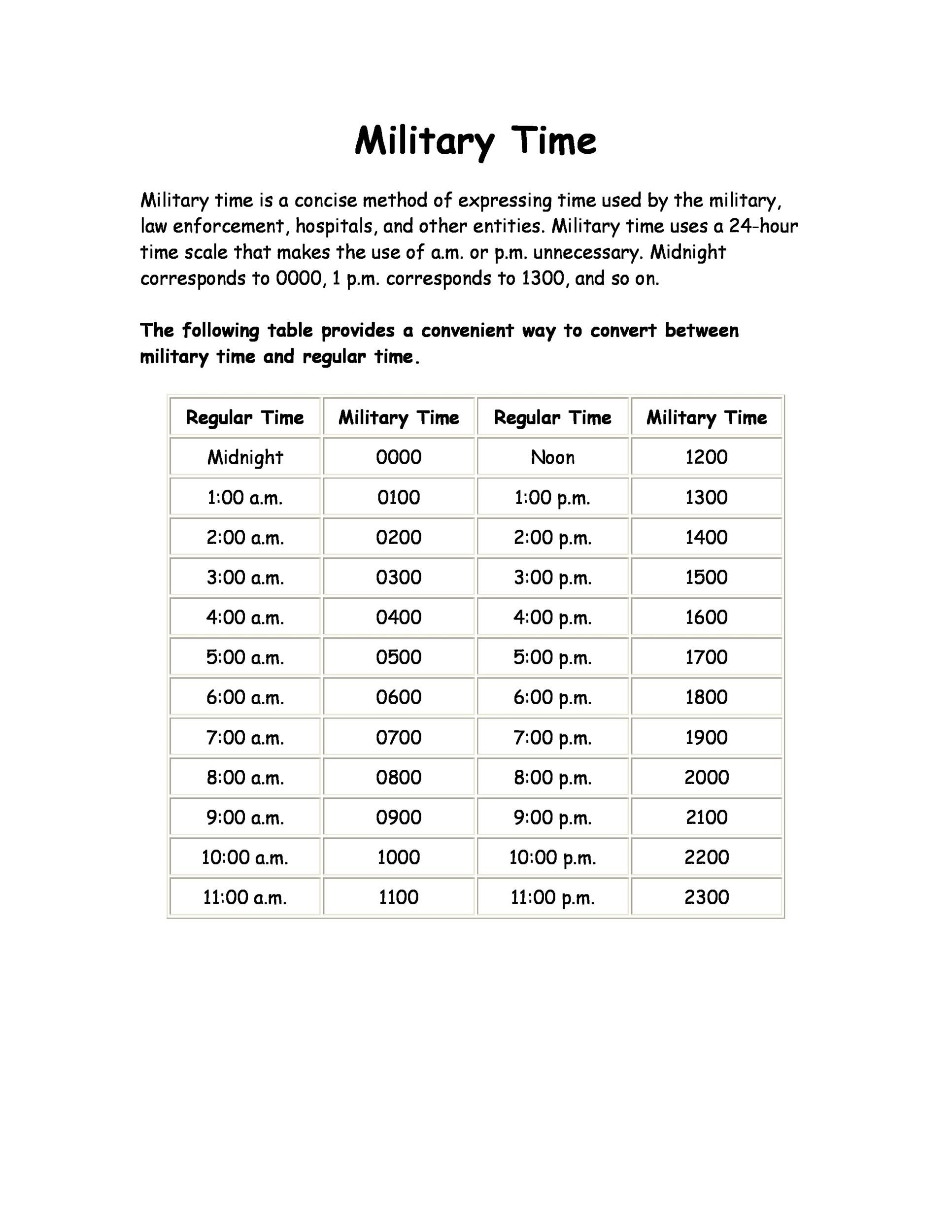 Military Time Chart Free Printable