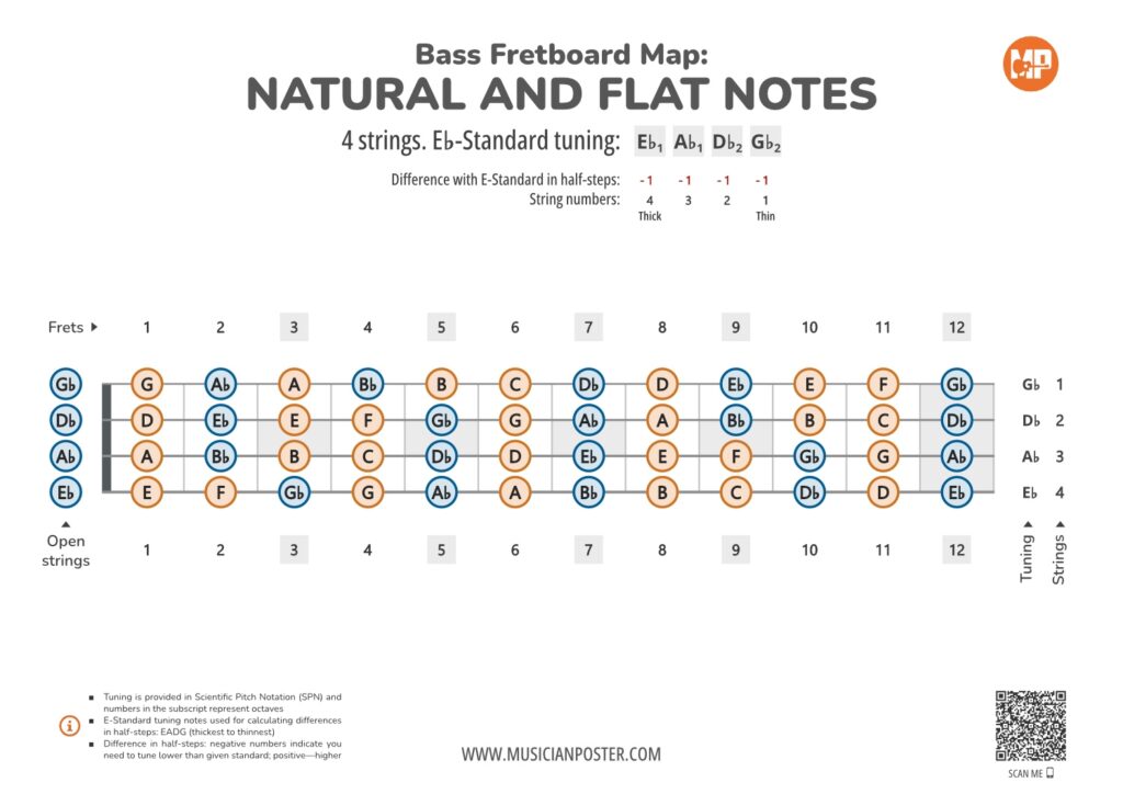 Bass Guitar Fretboard Map PDF With All Notes In Eb Standard