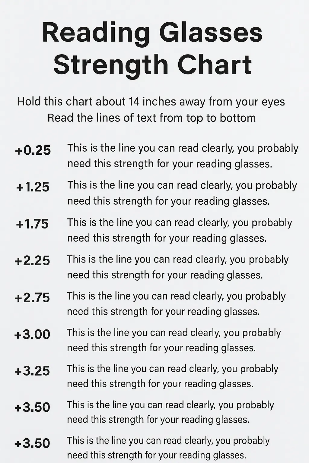 Reading Glasses Chart Printable