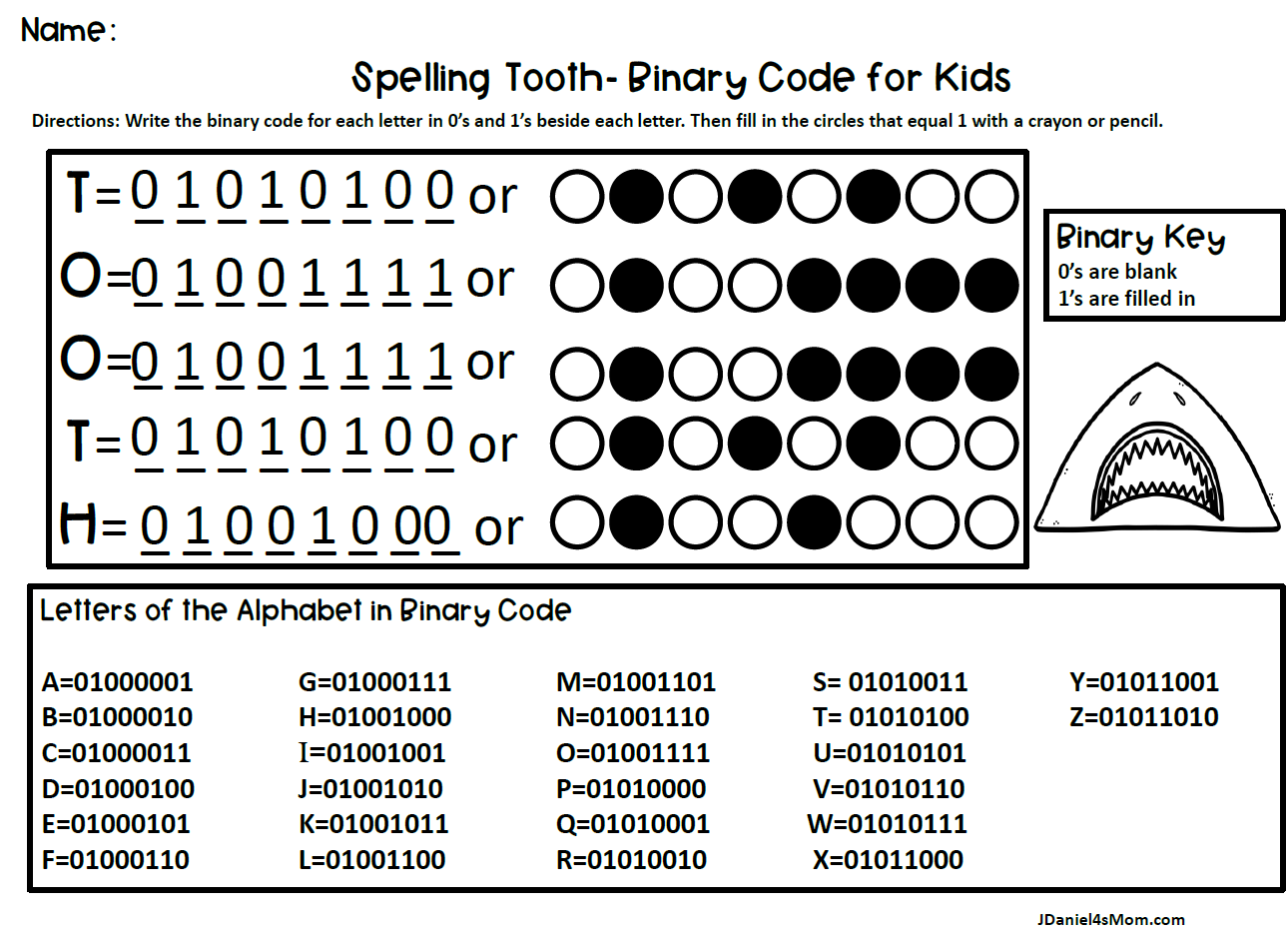 8 Bit Binary Chart Printable Worksheet