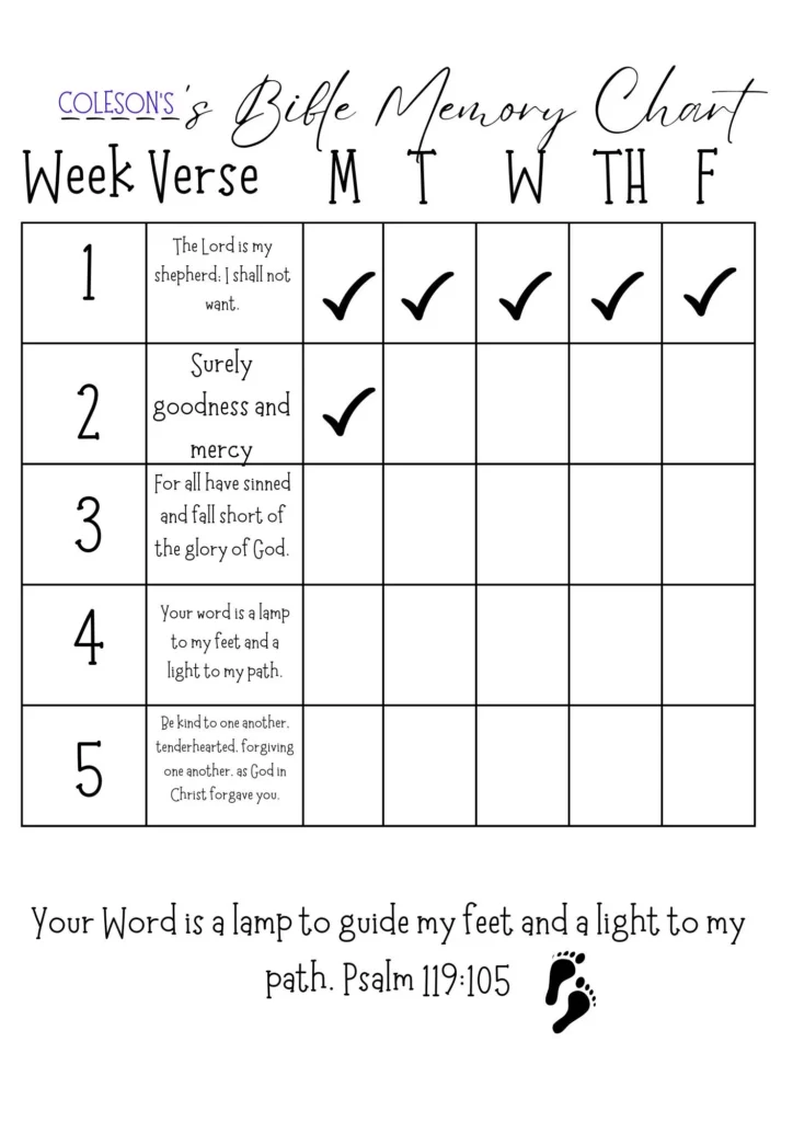 BLANK Bible Verse Memory Chart kids Bible Drill Christian School