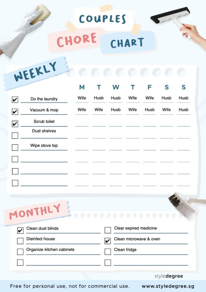 Couple Household Chores Chart Free Printable Style Degree Style Degree