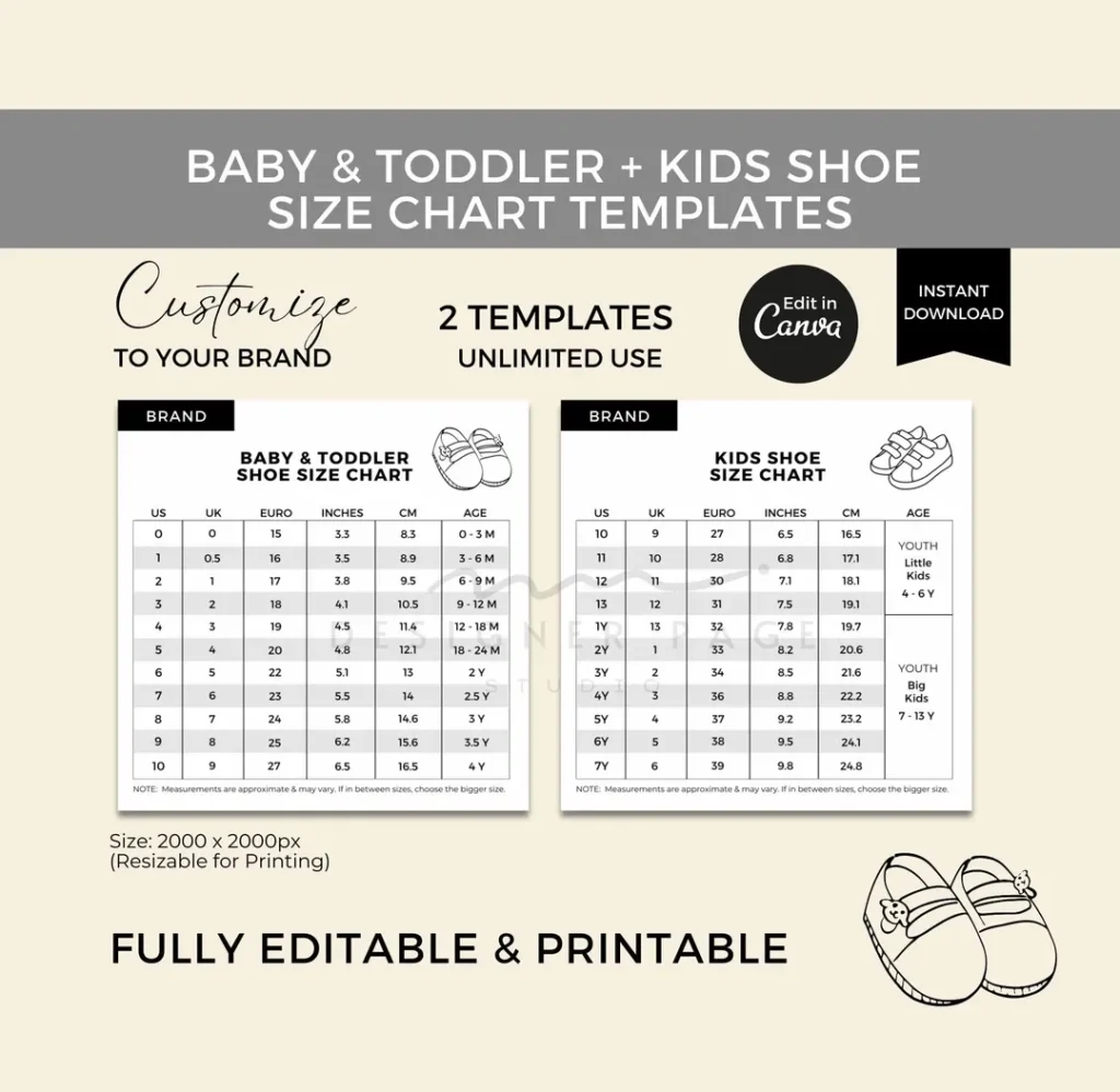 Editable Baby Toddler Shoe Size Chart Template Canva Kids Shoe Size Guide Children Shoes Measurement Guide Custom Youth Shoe Size Chart Etsy
