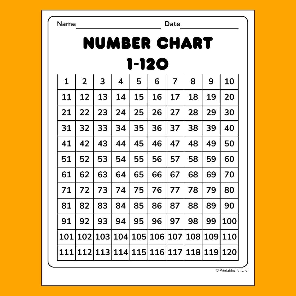 Number Chart 1 To 120 Printable