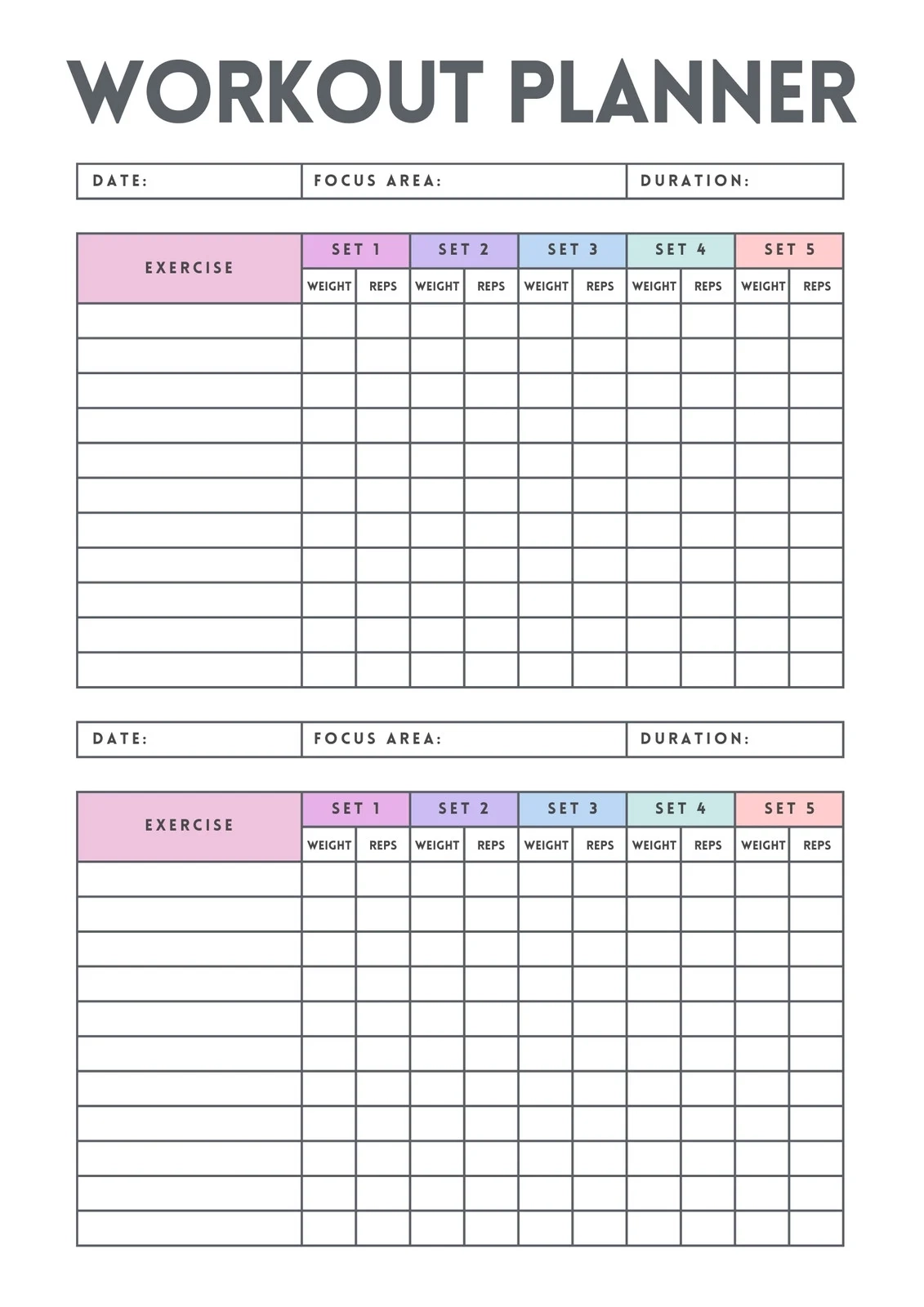Printable Blank Workout Charts