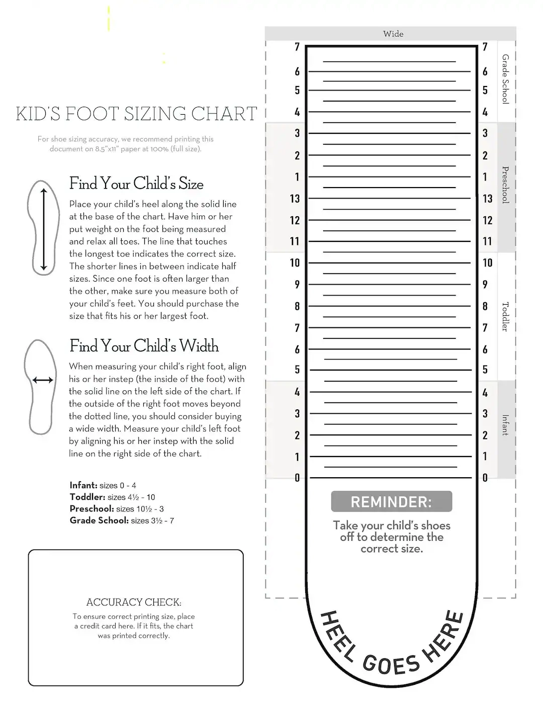 Children's Shoe Size Printable Chart