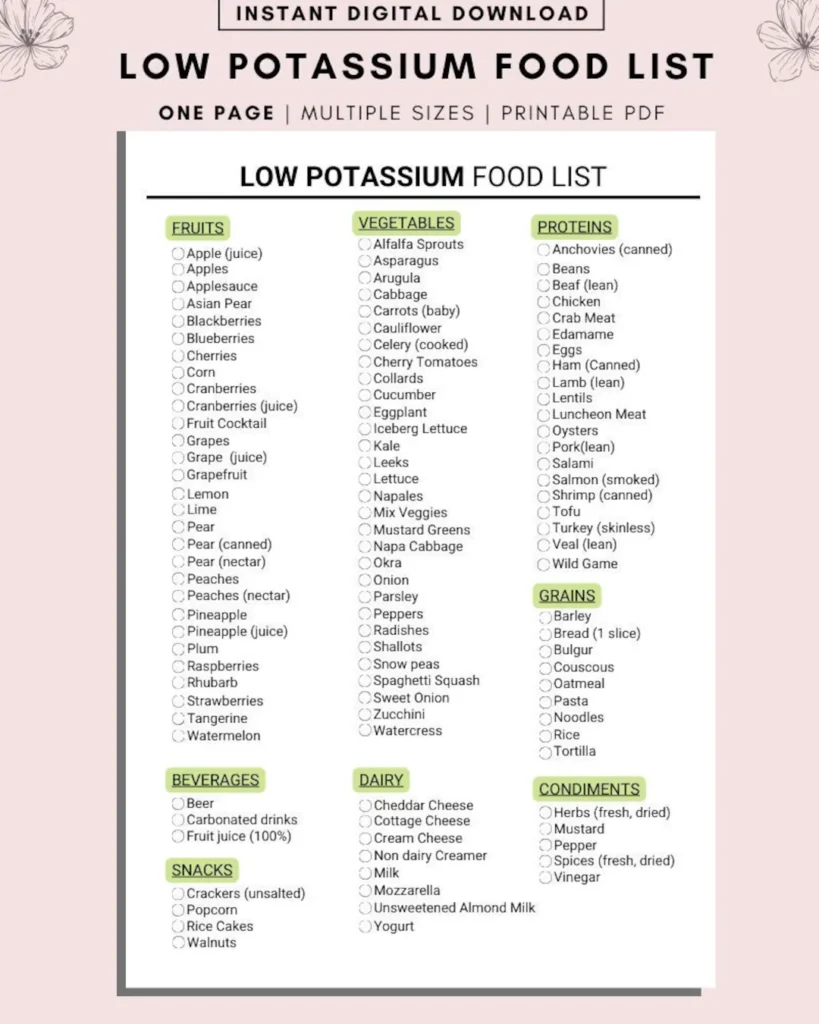Low Potassium Food List Kidney Disease Renal Diet Chronic Illness Grocery List Shopping List Food Guide List Printable Food Journal Etsy