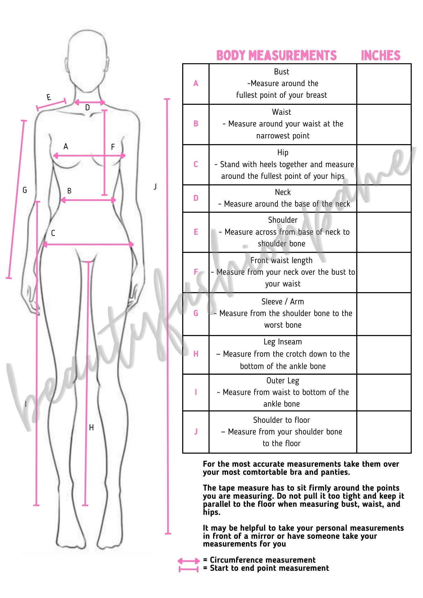 Custom Body Measurement Chart Printable