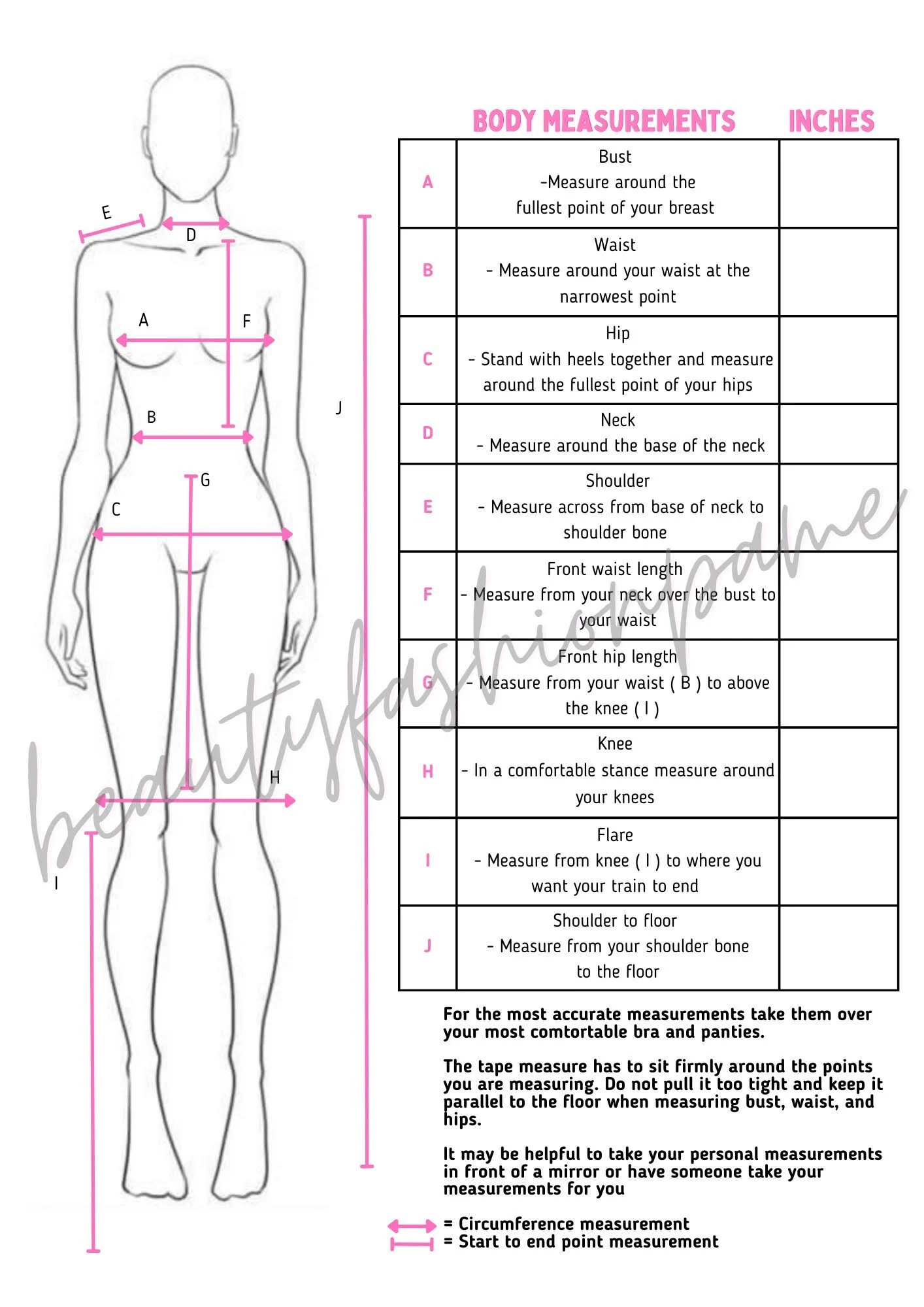 Printable Chart For Body Measurements Sewing