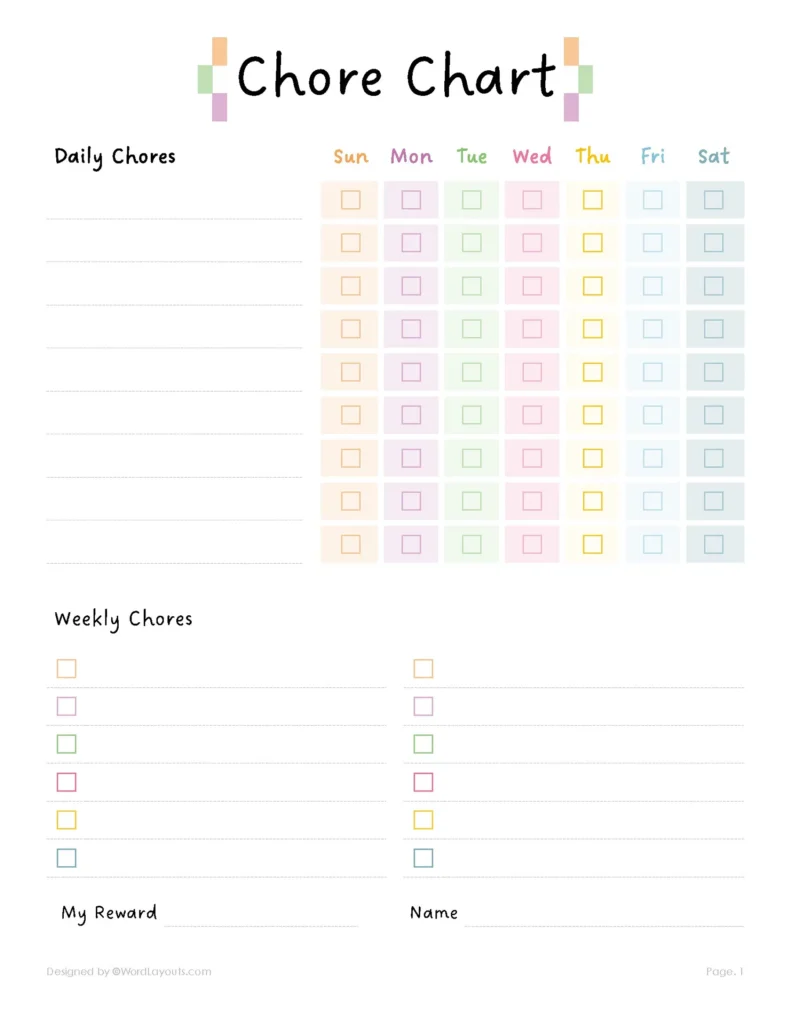 Printable Chore Chart Template For Teens WordLayouts