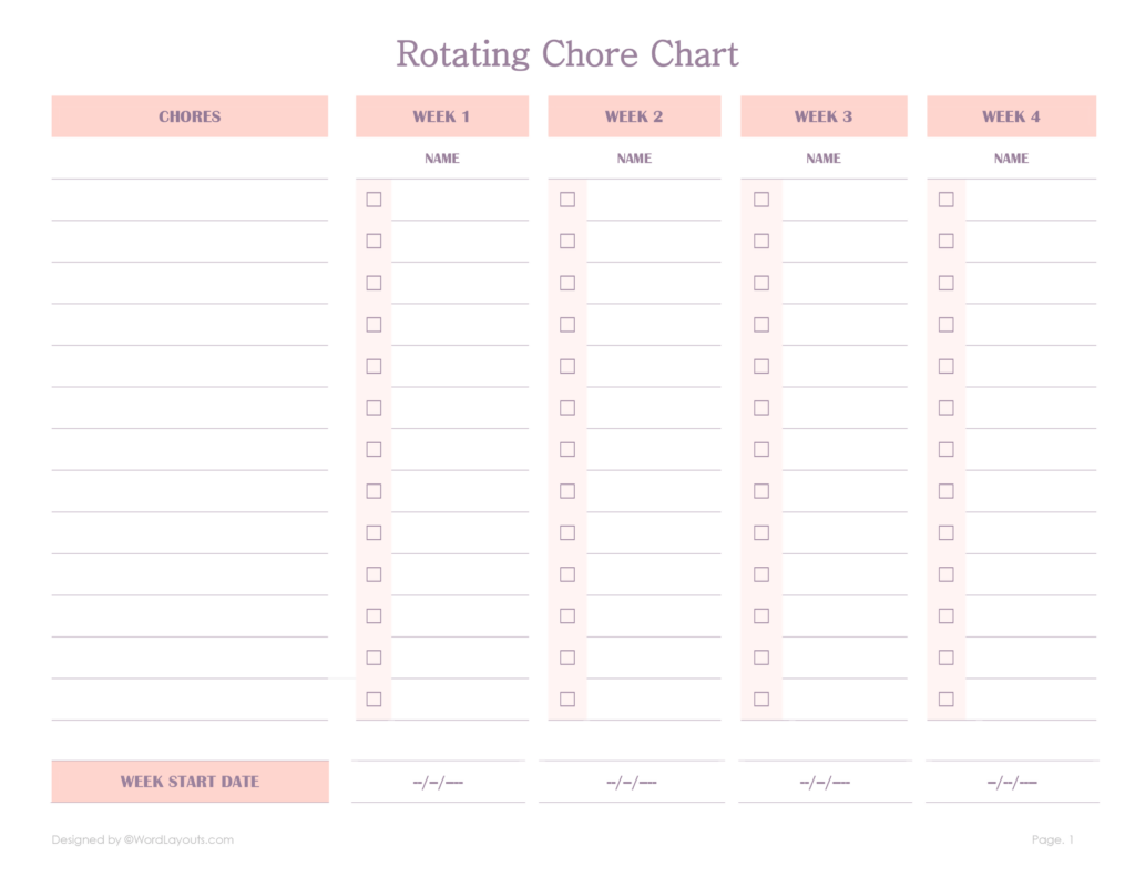 Printable Rotating Chore Chart Template WordLayouts