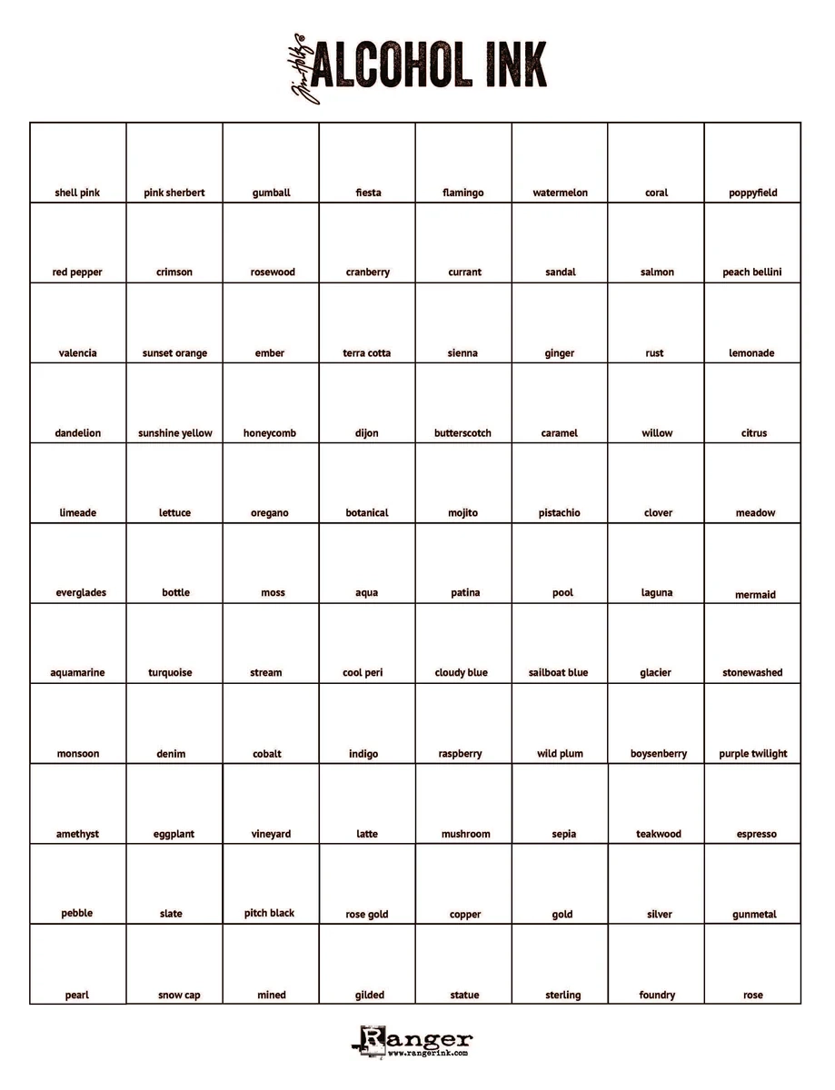 Printable Ranger Alcohol Ink Color Chart