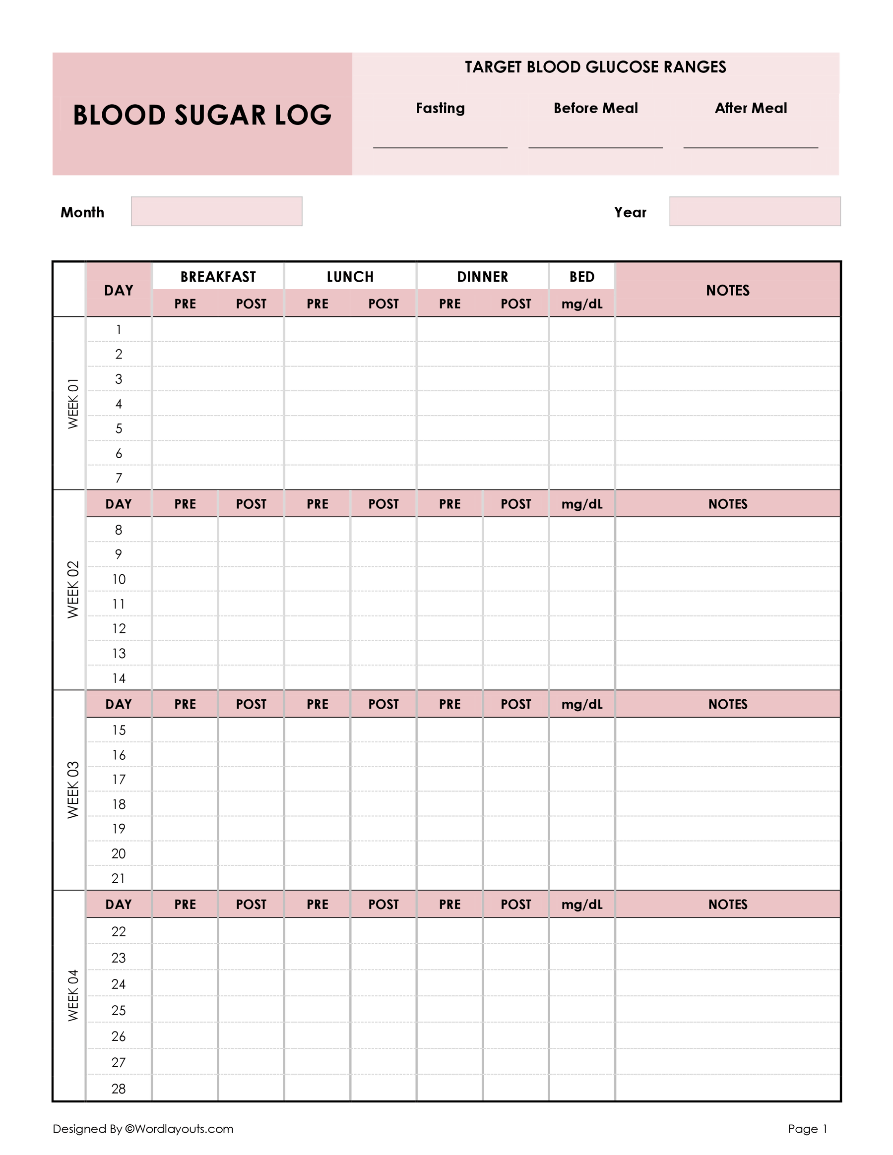 Free Printable Blood Sugar Tracking Chart