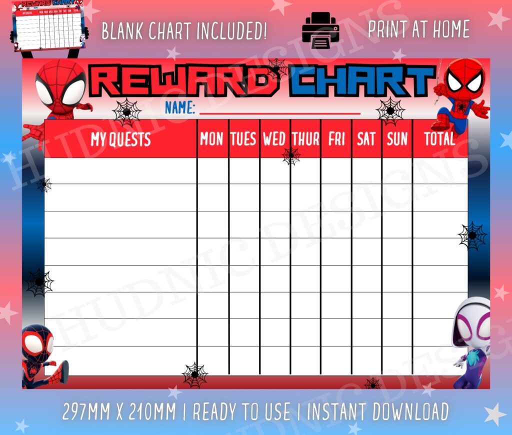 Spiderman Rewards Chart Kids Chore Chart digital Download Etsy