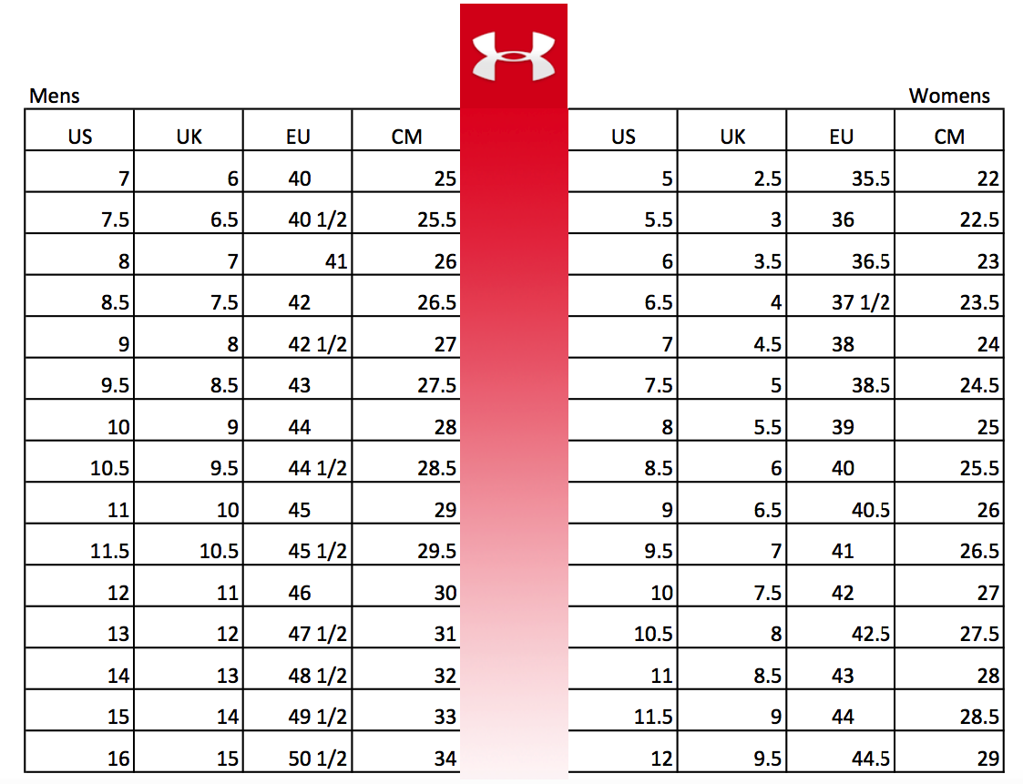 Under Armour Printable Shoe Size Chart Under Armour Printable Shoe Size Chart